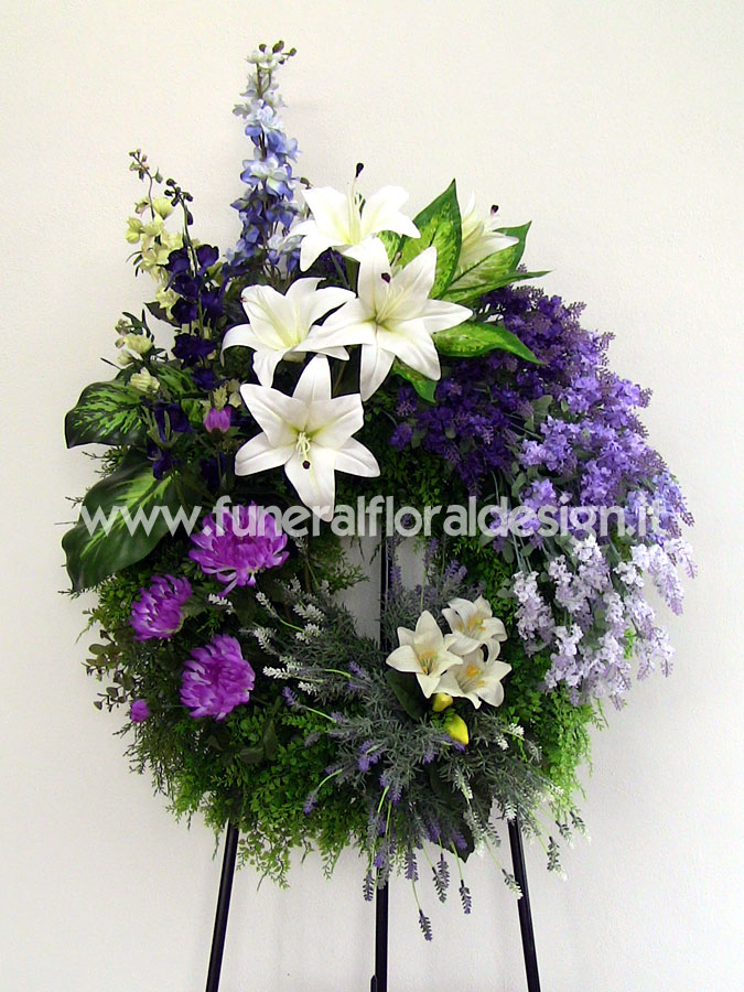 Corona funebre fiori artificiali Corona funeraria fiori finti bianchi blu  lavanda